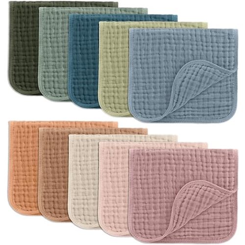 Comfy Cubs Muslin Burp Cloths 20" x 10", Pack of 10 - Large, 6-Layer, Ultra Absorbent 100% Cotton for Baby Drool and Messes - Soft, Safe & Gentle Baby Burp Cloths for Boys & Girls - Multi