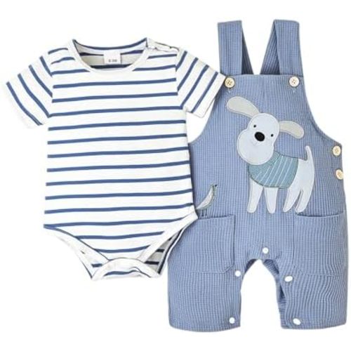 Baby Boy Clothes Infant Summer Outfits Short Sleeve Striped Romper Cute Cartoon Dog Overall Pants Set 2pcs 0-18 Months