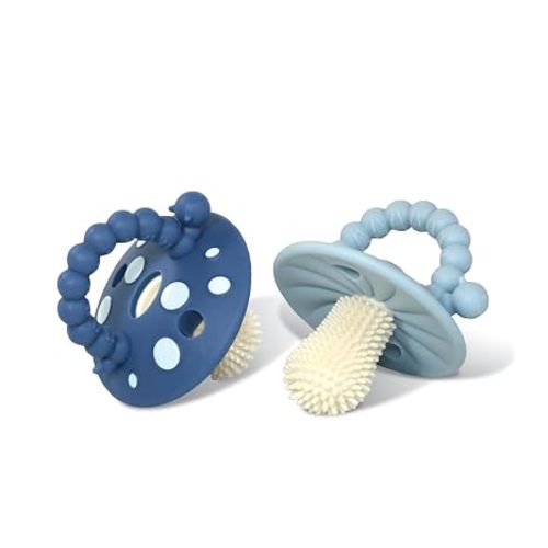 RaZbaby Soft Silicone Infant & Baby 3M+ Teether Toy Massaging Bristles Teething Relief Pacifier - Soothes Sore Gums - Hands-Free & Easy-to-Hold Chompy Teether, BPA Free (Power/Dark Blue)