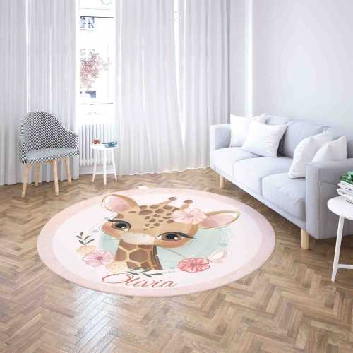 Baby Giraffe Round Rug, Custom Name Birthday Mat, Safari Party Home Decor Carpet, Floral Kids Room Area Mat, Circle Nursery Floor Mat