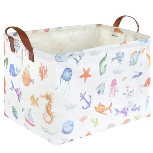 FXOCSHE Rectangle Fish Basket,Ocean Animals Waterproof Kids foldable Laundry Basket,Nursery Hamper,Boys and Girls Hamper,kids Room decor, kids toy organizer,Gift basket(Ocean Animals)