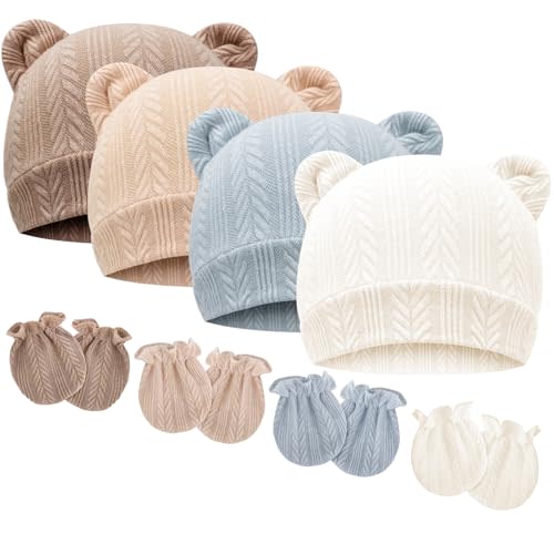 BQUBO Newborn Baby Hats Bear Ears and Mittens Sets Preemie Caps Baby Boy Girl Infant Hospital Beanie for 0-3 Months