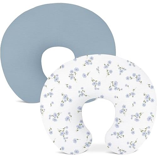 Nursing Pillow Covers 2 Pack, Muslin Nursing Cover for Breastfeeding Pillows, Comfortable for Baby Girls and Boys (Flower I & Light Blue)