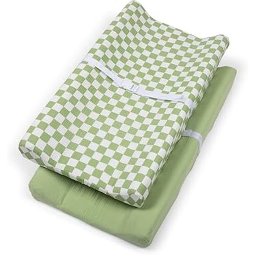 Bolton Baby Co. Checkered Muslin Fitted Changing Pad Covers | Diaper Changing Pad Sheets | 100% Extra-Soft Breathable Cotton | for Girls and Boys | Pack of 2 (Sage)