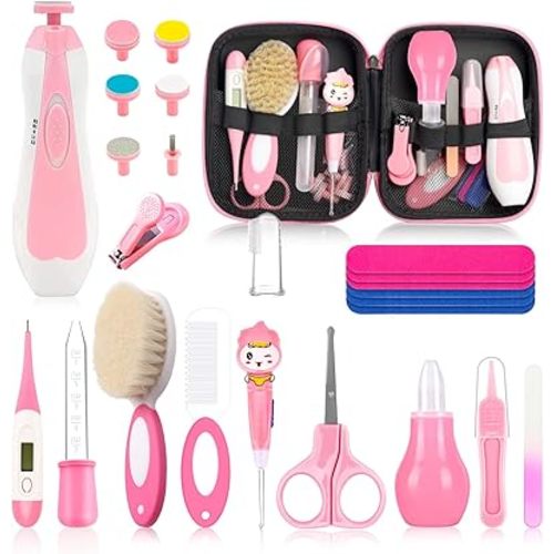 Baby Healthcare and Grooming Kit, Baby Safety Set Newborn Nursery Health Care Set with Hair Brush Scale Measuring Spoon Nail Clippers for Baby Girls Boys (24PCS Pink)