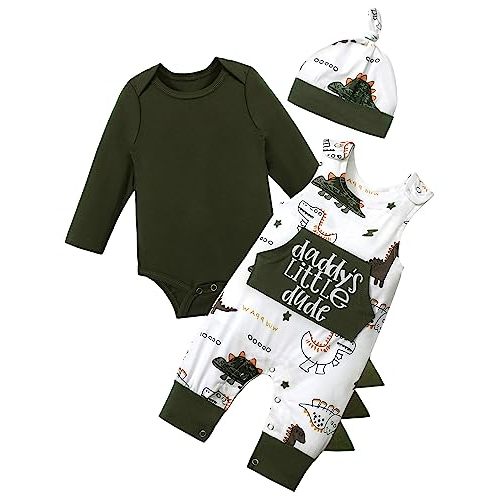 Aulyffo Baby Boy Clothes, Baby Boy Romper 3Pcs Baby Boy Outfits Set Long Sleeve Dinosaur Clothes Baby Boy Overalls with Hat