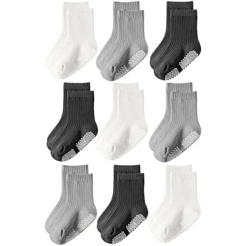 HONGTEYA 9 Pairs Toddler Boys Socks, Baby Non Slip Socks for Infant Cotton Sock with Grippers 0-5 Years