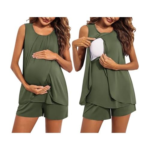 Ekouaer Women Maternity Nursing Pajama Set Breastfeeding Sleepwear Double Layer Sleeveless Top & Shorts Pregnancy PJS