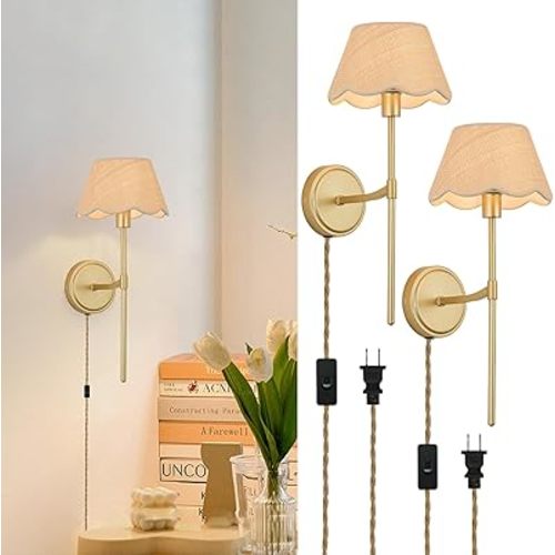 Rattan Wall Sconces Set of Two Hand-Woven Farmhouse Gold Wall Lights with On/Off Switch Boho Wall Lamps Rustic Indoor Bedroom Wall Mount Light Fixtures