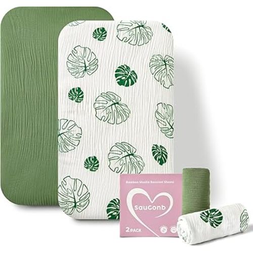 Muslin Bassinet Sheets - Ultra Soft Bedside Sleeper Bassinet Viscose Derived from Bamboo, Fitted Crib Sheet Universal Fit for Hourglass, Oval & Rectangle Mattresses - 33" x 17"