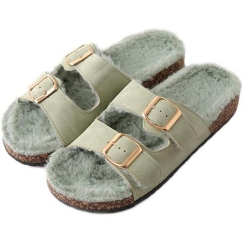 Roxoni Women's Feather-Embellished Open-Toe Slippers , Adjustable Double Buckle Cozy Cork Slide Sandals - Olive Size 11