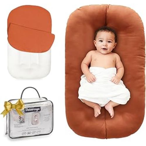 Baby Lounger for Newborn - Snuggle Cozy Me Lounger | Breathable Soft Cotton, 0-24 Months Portable Playtime Baby Nest, Newborn Baby Essentials Gifts- Orange (1 Lounger + 1 Cover)