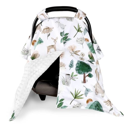 Minky Car Seat Cover for Baby Girl & Boys, Car Seat Canopy with Peep Window, Multiuse Carseat Covers Protecting Baby from Wind, Sun, Strangers, Woodland Animal