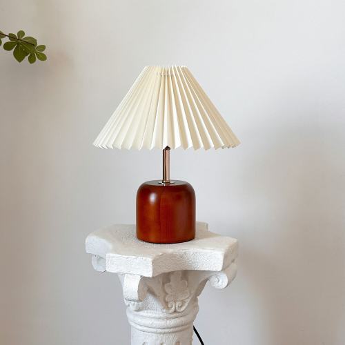 Handmade Oak Wooden Vintage Table Lamp, Pleated Fabric Shade 110-240V, Bedroom Kitchen Rustic Cozy Art Decor, Japandi Nightstand Desk Lamp