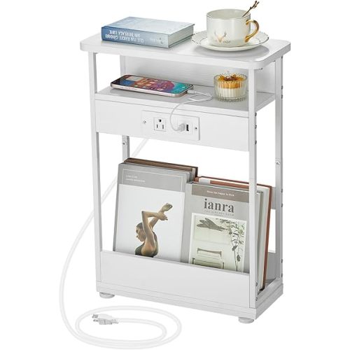 YEAKOO Narrow Side Table, Slim End Table with Storage Shelf for Small Spaces, 21.6 Inch Height Thin Tables Small Nightstand Magazine Rack for Living Room (USB Charger, White)