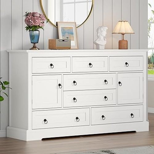 Farmhouse 7 Drawer Dresser for Bedroom, Wood Chest of Drawers with 2 Doors, White Dressers with Round Metal Handle, Large Storage Dresser Organizer, Long TV Stand for Living Room, White