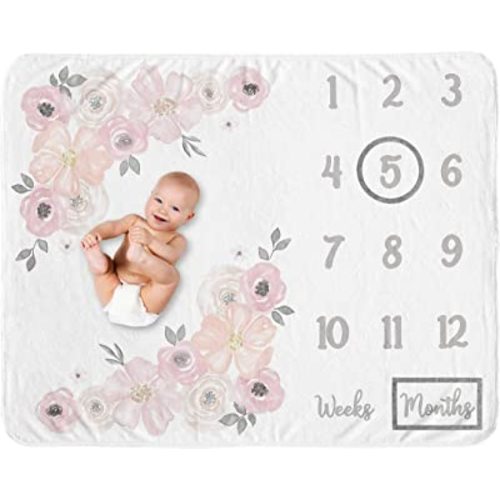 Sweet Jojo Designs Watercolor Floral Girl Milestone Blanket Monthly Newborn First Year Growth Mat Baby Shower Memory Keepsake Gift Picture - Blush Pink, Grey and White Boho Shabby Chic Rose Flower