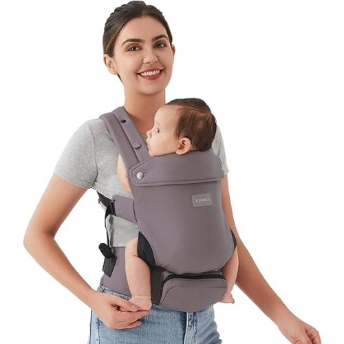 Baby Carrier Newborn - Ergonomic, Cozy and Lightweight Infant Carrier for 7-24lbs, Adjustable Neck Support, Ideal for Hands-Free Parenting, 100% Cotton, Purplish Grey