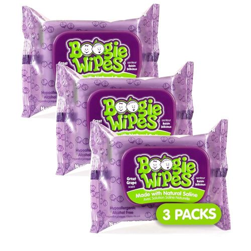 Saline Nose Wipes by Boogie, for Baby & Kids, Face, Hand & Body, FSA/HSA Eligible, Made with Vitamin E, Aloe, and Natural Saline, Grape Scent, 30 Count (Pack of 3)