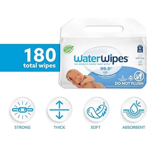 WaterWipes Plastic-Free Original Baby Wipes, 99.9% Water Based Wipes, Unscented & Hypoallergenic for Sensitive Skin, 180 Count (3 packs), Packaging May Vary