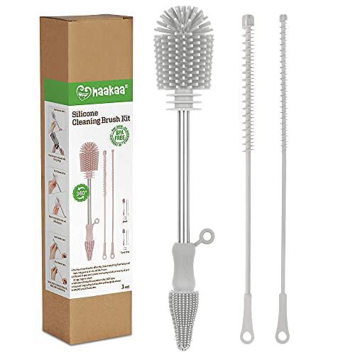 haakaa Silicone Cleaning Brush Kit - SUVA Grey - Bottle Brush for Breast Pumps, Breast Milk Collector, Baby Bottles, Nipples, Breastmilk Storage Bags