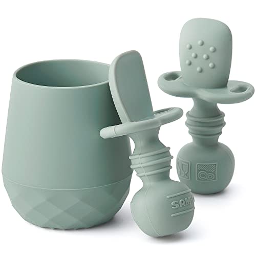 SAMiGO Silicone Baby Utensils - Self Feeding Spoons and Tiny Training Cup - First Stage Baby Led Weaning Supplies for 6 Months+ Infants - Set of 3