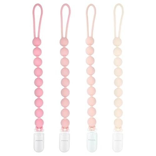 MINMUNJIU Baby Girl Newborn Essentials, 4 Pack Silicone Pacifier Clips for Girls, One Piece Flexible Soft Binky Clips Baby Stuff and Gifts for Girls