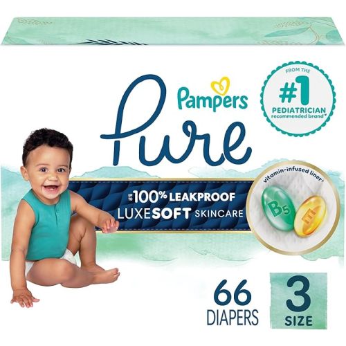 Pampers Pure Baby Diapers, Size 3 (16-28 lbs), 66, Up to 100% Leakproof, Premium Hypoallergenic Soft Diapers