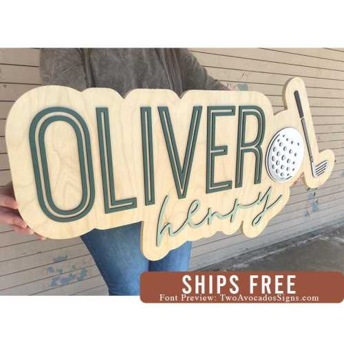Golf name sign, large wood name sign, nursery name sign, sports nursery, above crib cut out, layered baby name sign, cut out sign
