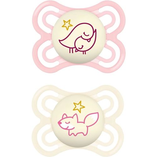 MAM Perfect Night Baby Pacifier, Patented Nipple, Glows in The Dark, 2 Pack, 0-6 Months, Girl, Designs May Vary