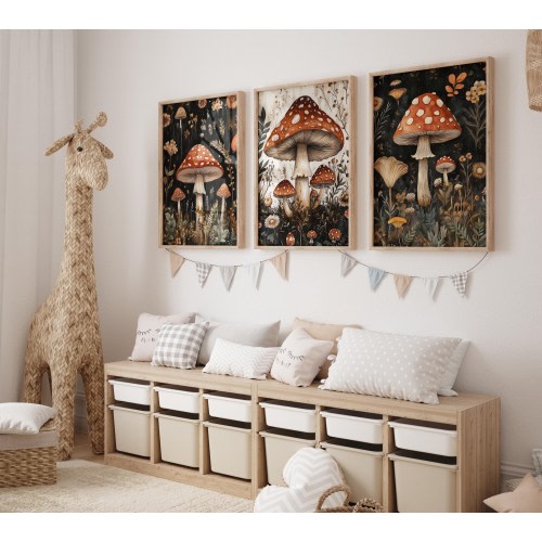 Mushroom Nursery Art Prints Set - Forest, Cottagecore, Nature Nursery Wall Decor, Kids Room Art, Woodland-Themed Baby Room