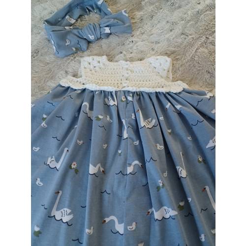 Cotton and Jersey Baby Dress 0-3 mos. Swan White Baby Dress and bow headband. Baby Girl Summer Dress. Handmade Dress. Baby Gift.