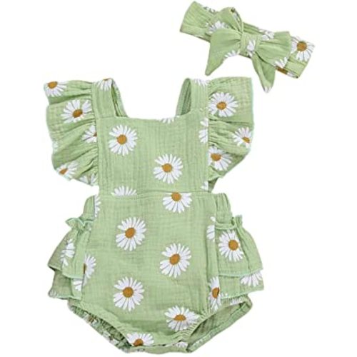 Baby Girls Daisy Playsuits Ruffled Bodysuit+Headband Print Fly Sleeve Romper Floral Jumpsuit Infant Summer Clothes