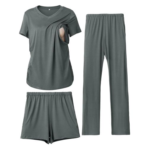 Rnxrbb 3 Piece Women's Maternity Nursing Pajamas Set V Neck Breastfeeding Pjs Sleepwear Postpartum Shorts&Pants Pockets