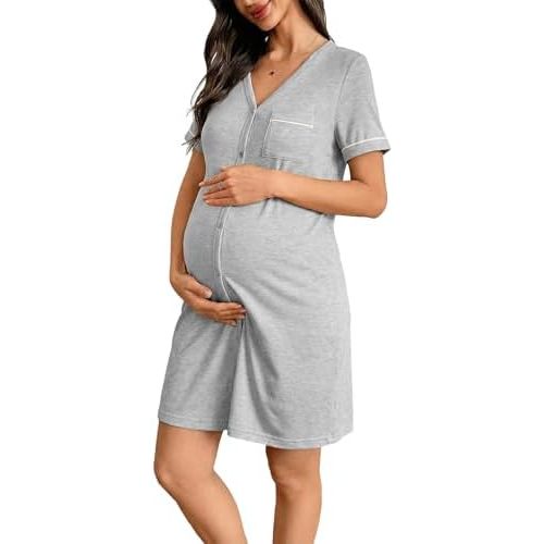BLENCOT Women’s Labor and Delivery Night Gown for Maternity Short Sleeve V Neck Open Front Shirt Dress with Buttons