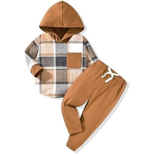 HINTINA Toddler Little Boy Plaid Sweatsuit Outfits Long Sleeve Hooded Sweatshirt Hoodie Fall Winter Clothes Clothing Set