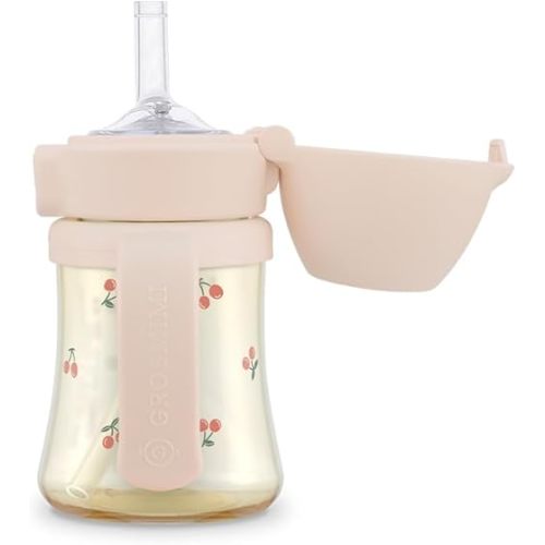 GROSMIMI Flip Top Spill Proof Sippy Cup, PPSU, BPA Free, 6 oz, Stage 2 Straw for Toddlers (Cherry)