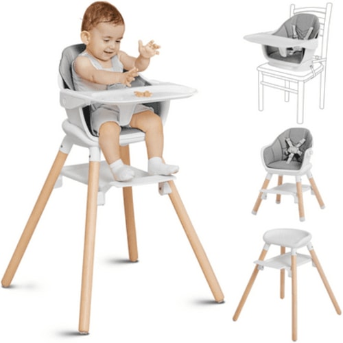 Obee Odee 11-in-1 Wooden High Chair, Convertible for Infant Feeding, Easy Clean PU Cushion, Dining Child Seat (White)