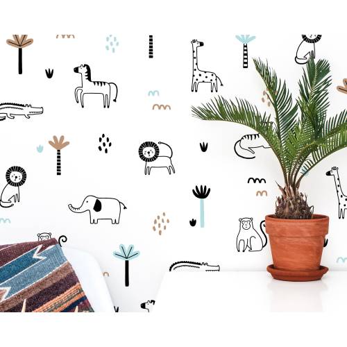 Jungle Animal Wall Decals - Safari Nursery Wall Art, Jungle Nursery Decor, Kids Room Wall Stickers, Tropical Jungle Wallpaper