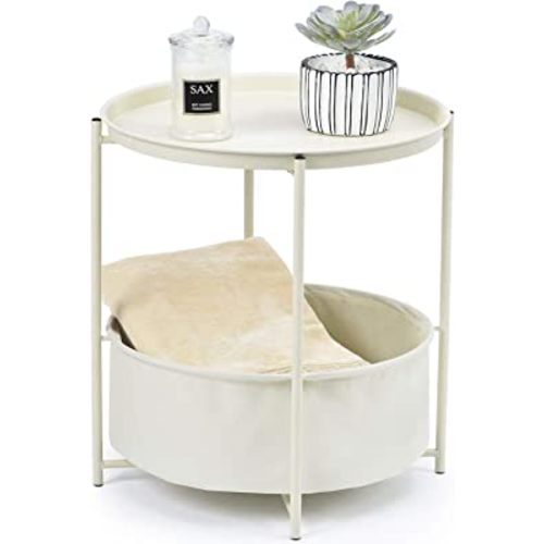 TOOLF End Table, Metal Nightstand, Sofa Side Snack Table, Coffee Round Table with Detachable Tray Top and Fabric Storage Basket, Scandi Style Table for Living Room Bedroom (Cream)