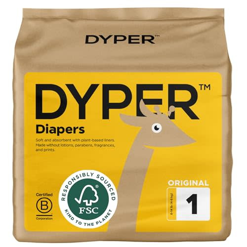 DYPER Viscose from Bamboo Baby Diapers Size 1 | Honest Ingredients | Cloth Alternative | Day & Overnight | Made with Plant-Based* Materials | Hypoallergenic