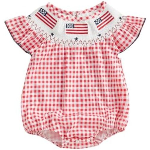 Baby Girl 4th of July Outfit American Flag Embroidery Smocked Bubble Romper Infant Memorial Day Patriotic Bodysuit
