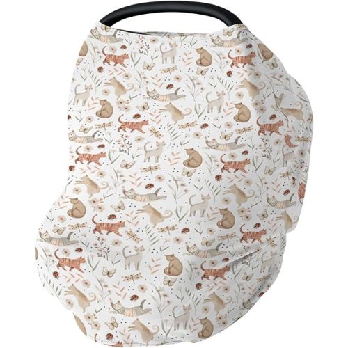 Cute Cat Boho Floral Leaves Baby Car Seat Covers Fun Kittens Meadow Butterflies Stretchy 5-in-1 Cover Adjustable Infant Carseat Canopy Cover Cats Lover Gift Breathable Nursing Cover-Up