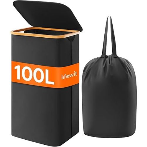 Lifewit 100L Laundry Basket with Lid, Clothes Hampers for Laundry with Bamboo Handles and A Removable Bag, Large Foldable Laundry Hamper for Bedroom, Bathroom, Dorm, Laundry Room, Black