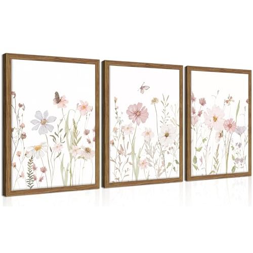 Framed Wildflower Wall Art Set of 3, Pink Floral Canvas Wall Decor Pictures, Vintage Flower Botanical Paintings, Nursery Flowers Butterfly Posters Prints for Bedroom Living Room 12x16 Inch