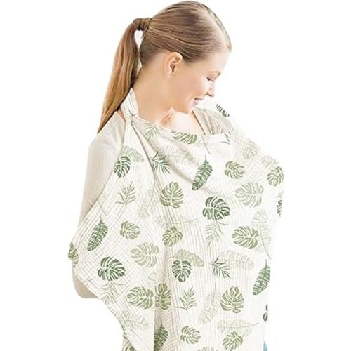 Konssy Muslin Nursing Cover for Baby Breastfeeding, Breathable 100% Cotton Breastfeeding Cover with Rigid Hoop for Mother Nursing Apron, Multi-use Carseat Canopy (Palm Paradise)