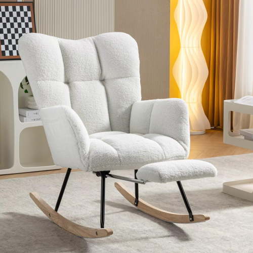 FFH Nursery Rocking Chair,Rocker Recliner Chair with High Backrest,Teddy Upholstered Glider Rocker with Adjustable Footrest,Glider Recliner,Reading Chair for Bed Room (Ivory)