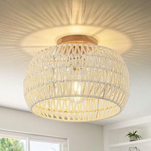 Boho Ceiling Light - Cream White Rattan Chandelier - Small Rattan Flush Mount - Hand-Woven - Nursery & Kitchen Farmhouse Bedroom Light Fixture