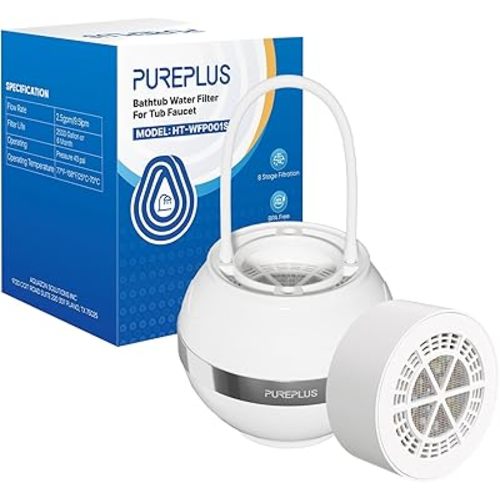 PUREPLUS Bathtub Bath Water Filter for Tub with 1 Extra Replacement Filter,8 Stages Kinder Filter,2500 Gallons Filtration,Remove Contaminants,Softer Skin & Hair,Reduce Chlorine & Heavy Metals,BPA Free