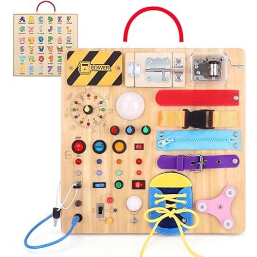 Busy Board,Montessori Toys for 1-3 Years Old, Wooden Toddler Toys, Autism Sensory Travel Toys, Ideal Gift for 1+ Year Old Boys (Busy Board Plus v3)